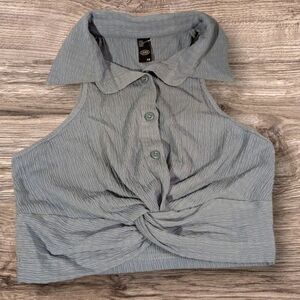 Cider Blue Knotted Halter Top Collar Button Up Womens Sz XS Summery Preppy Crop